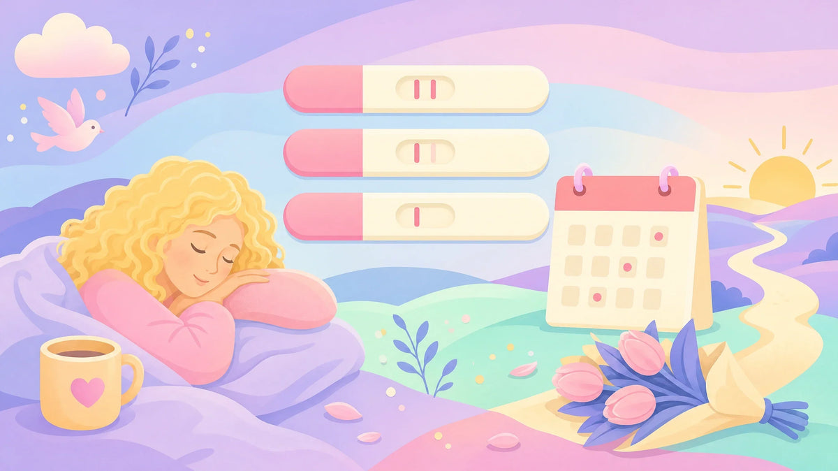 Flat illustration of the same home pregnancy test shown three times with its second line fading to nothing, beside a woman sleeping under a blanket, a calendar of marked days and a path winding toward a sunrise.